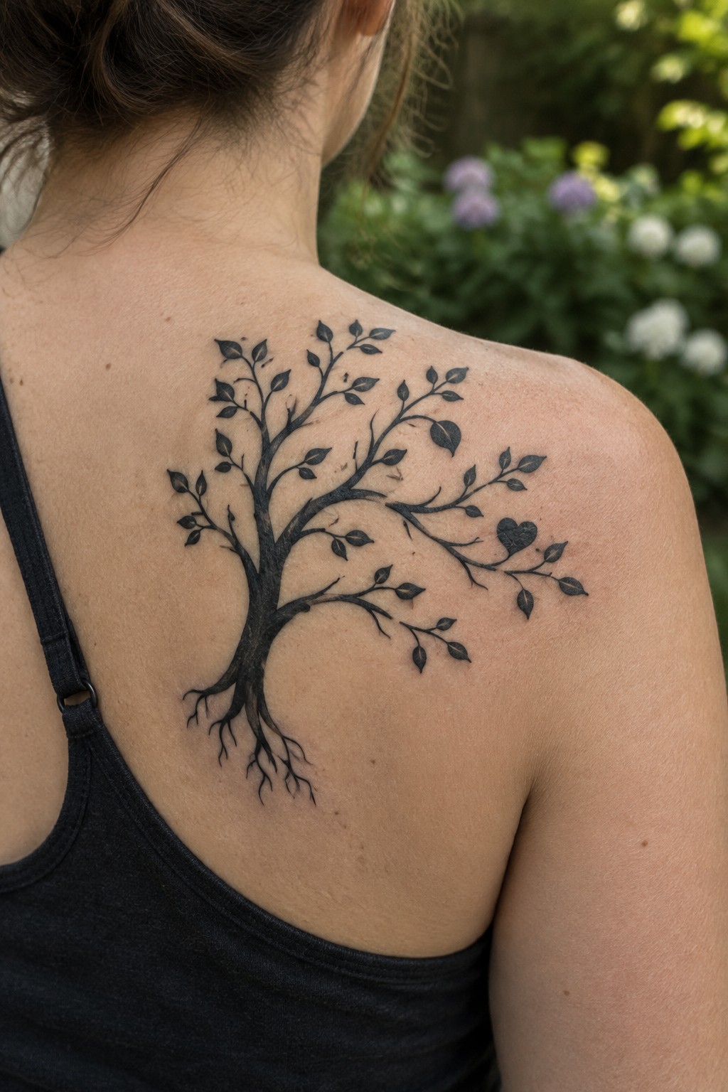 Black tree of life tattoo with leafy branches and visible roots across a woman’s upper back and shoulder.
