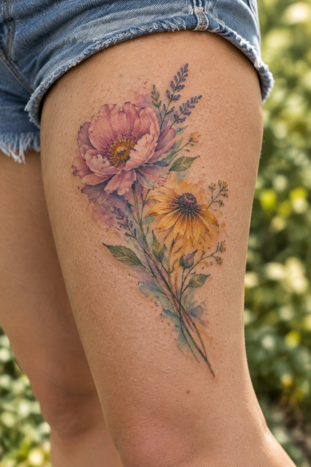 Watercolor-style tattoo of pink and yellow flowers with green stems on the outer thigh beneath denim shorts.