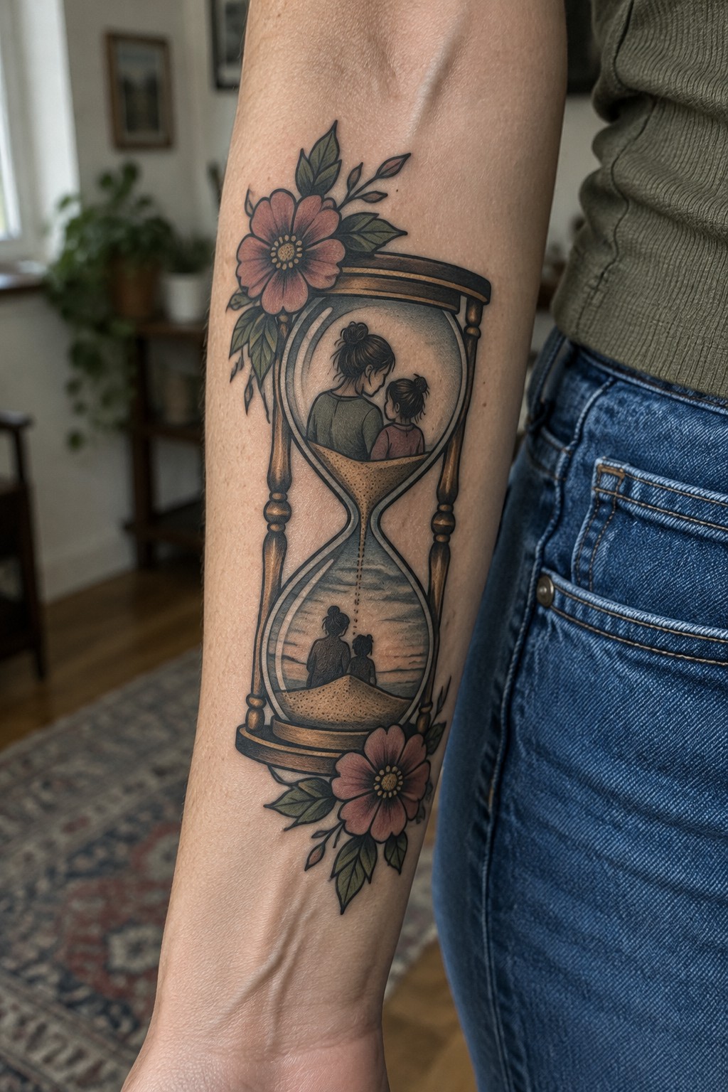 Color tattoo of a mother and daughter in the two chambers of an hourglass, framed by pink flowers and green leaves on the forearm.