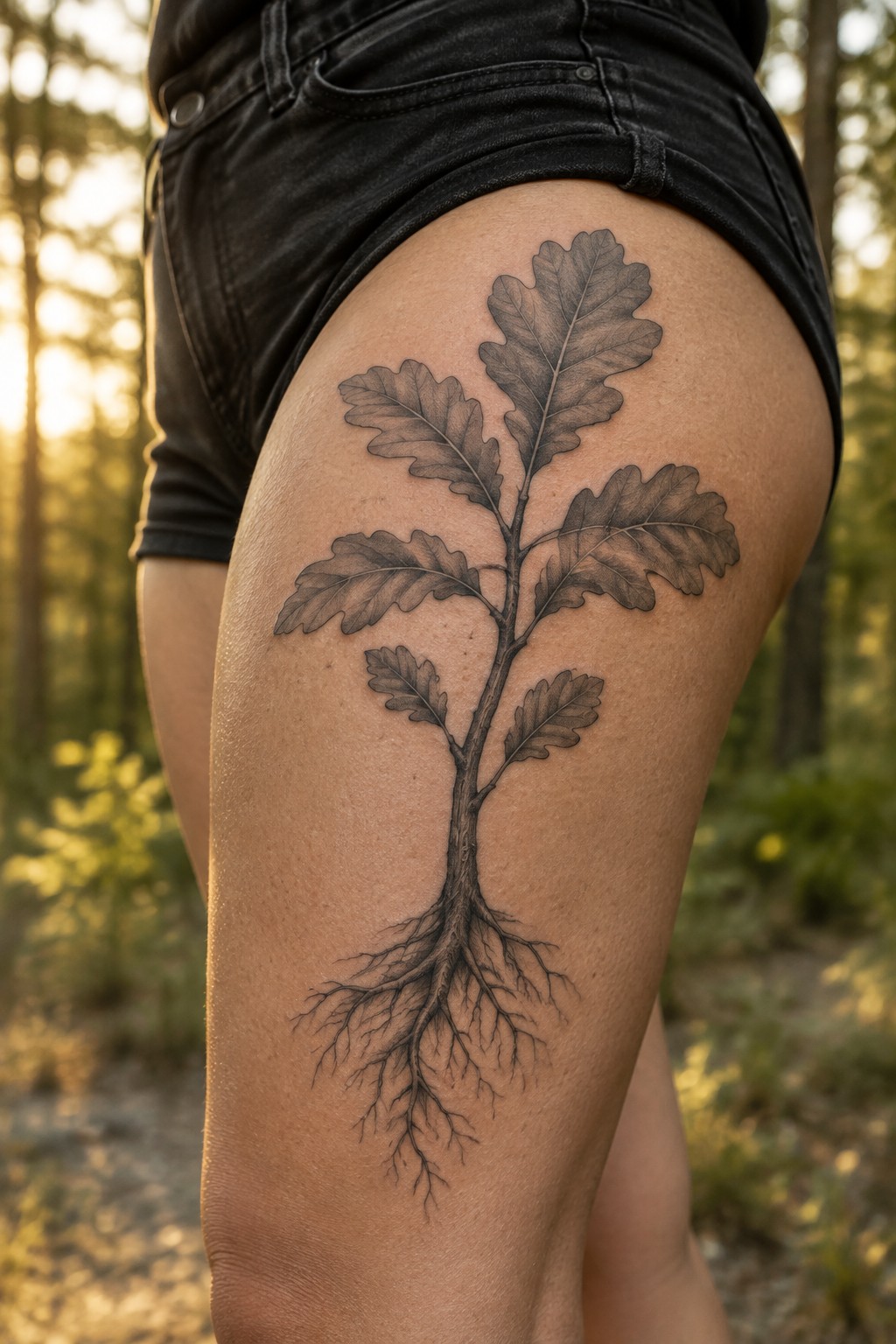 Black and gray oak tree tattoo with detailed roots on the outer thigh, below black shorts.
