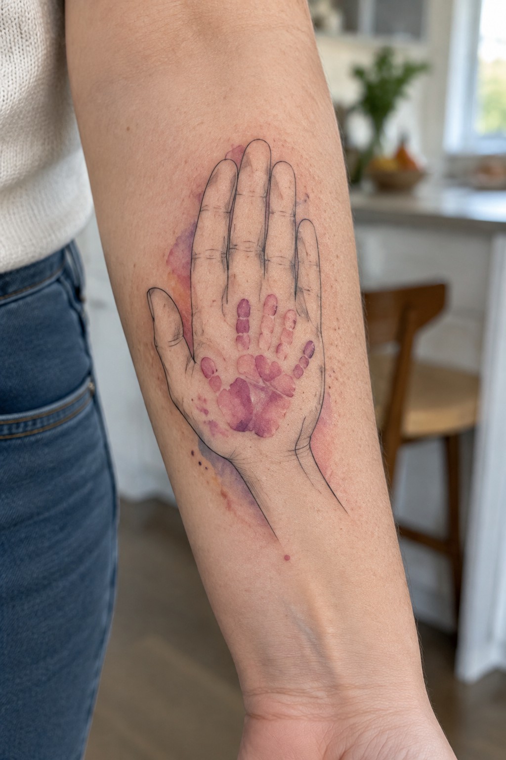 Forearm tattoo of an outlined hand with a muted pink and purple palm print.