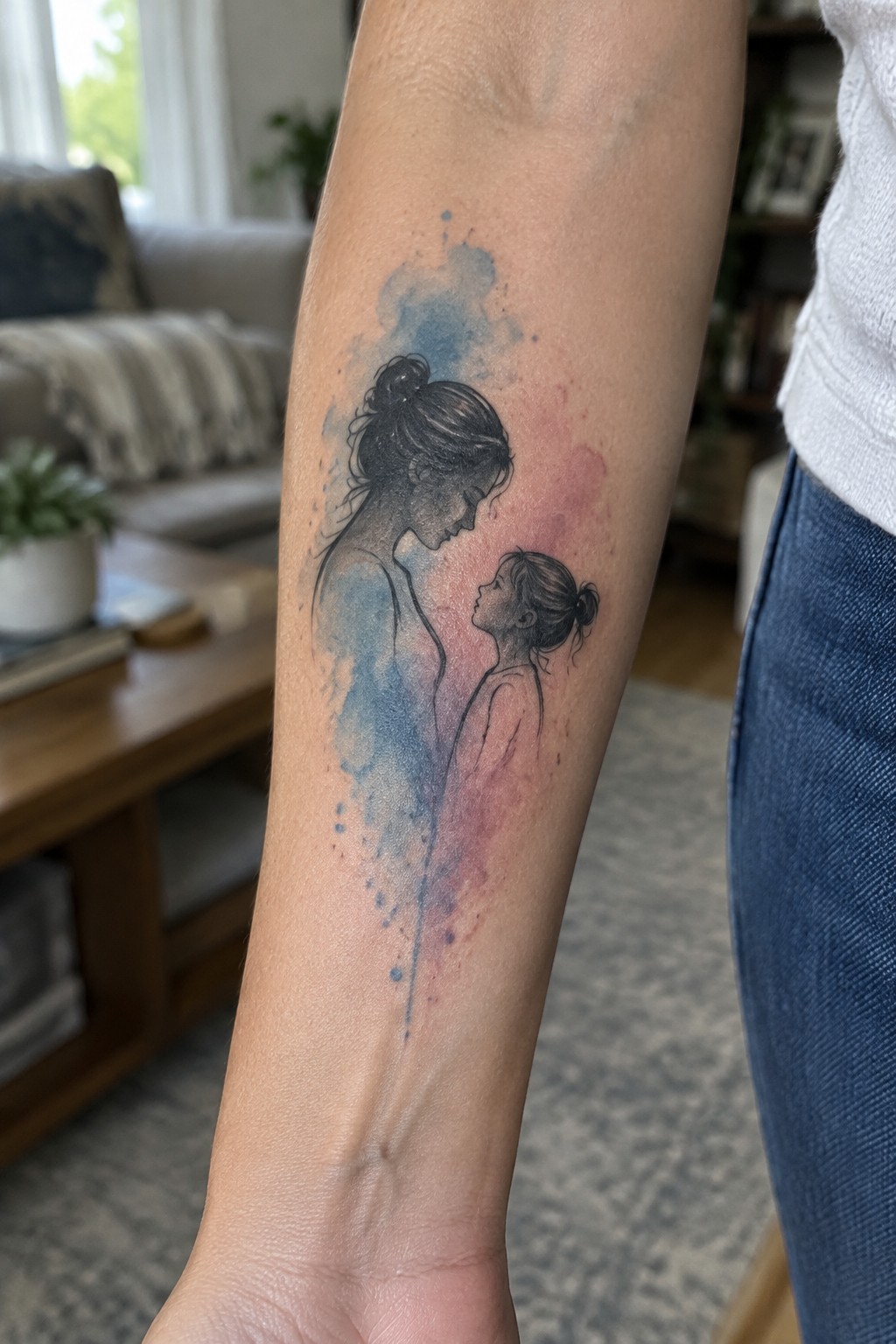 Fine-line tattoo of a mother looking down at her daughter on a forearm, surrounded by blue and pink watercolor shading.