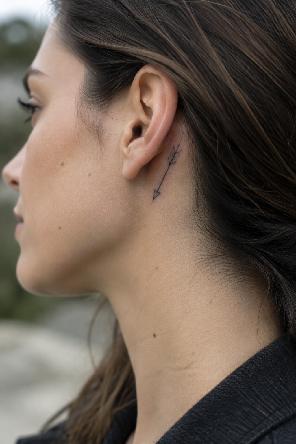 Fine-line black arrow tattoo behind a woman’s ear, pointing down along her neck.
