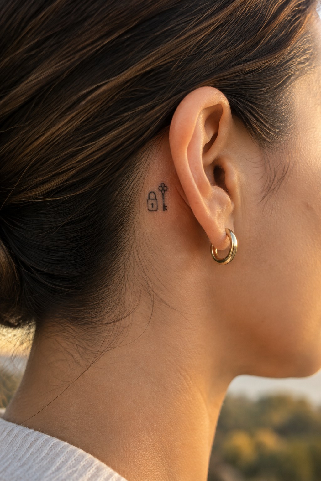 Small black fine-line tattoo of a lock and key behind a woman’s ear, beside a gold hoop earring.