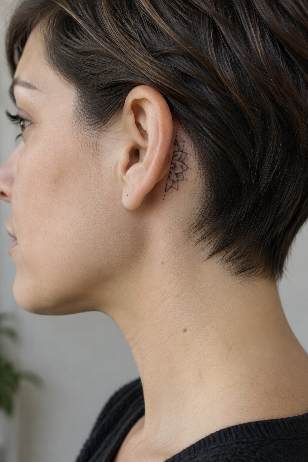 Small black floral tattoo with dotted details placed behind a woman’s ear.