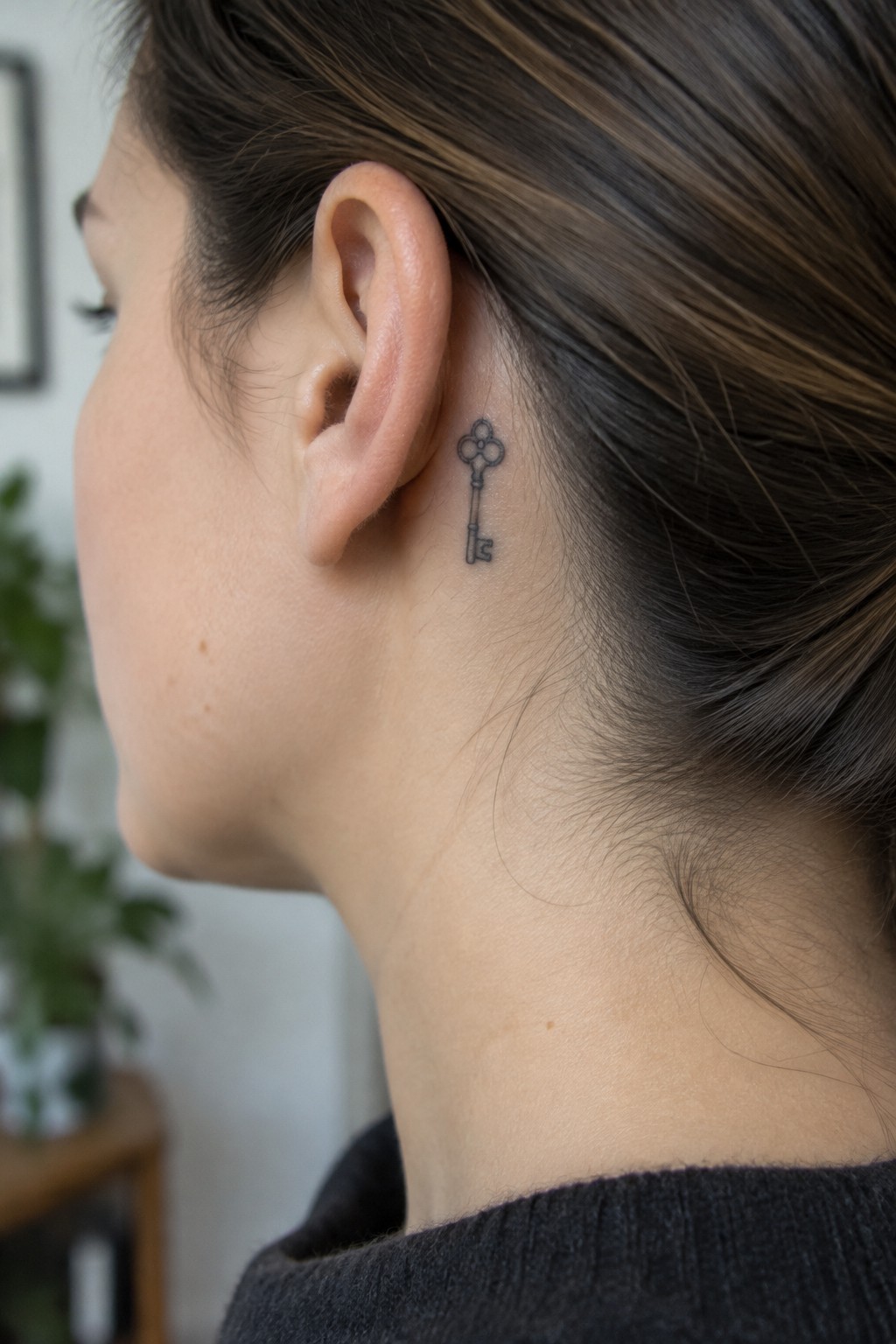 Small black fine-line key tattoo behind a woman’s ear.