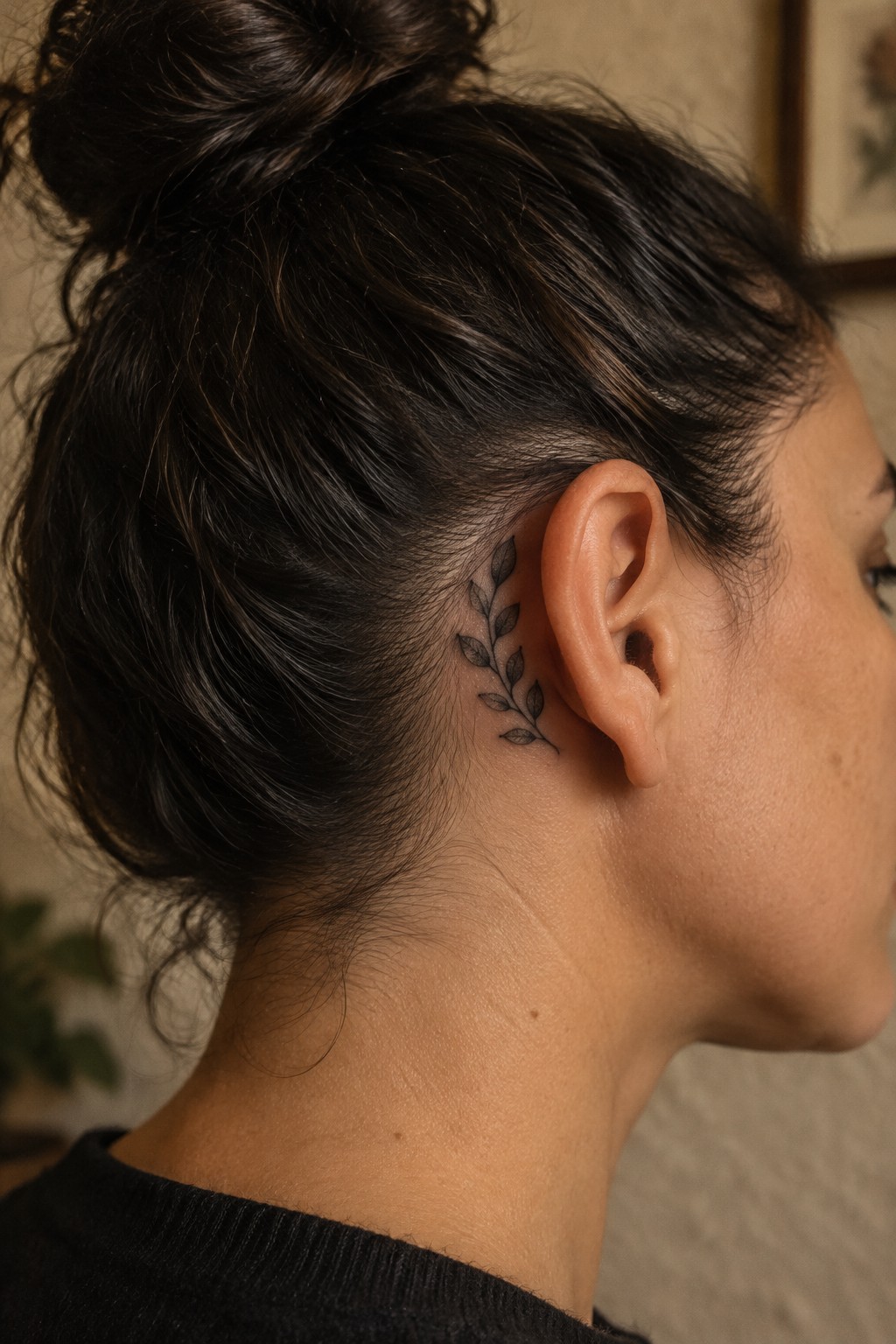 Small shaded leafy sprig tattoo behind a woman’s ear near her hairline.