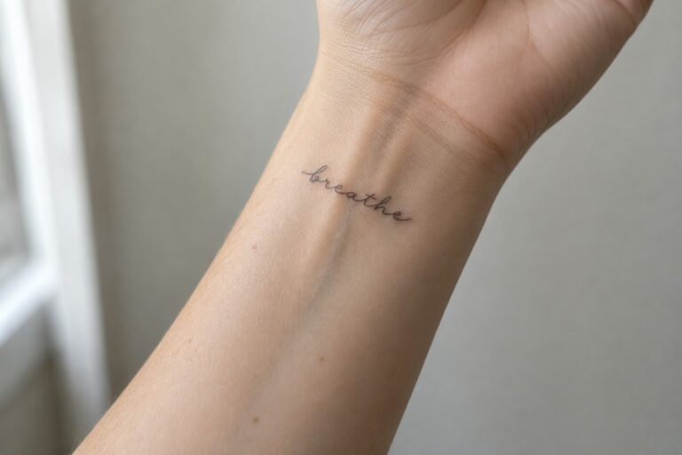 Small fine-line cursive “breathe” tattoo on the inner wrist.