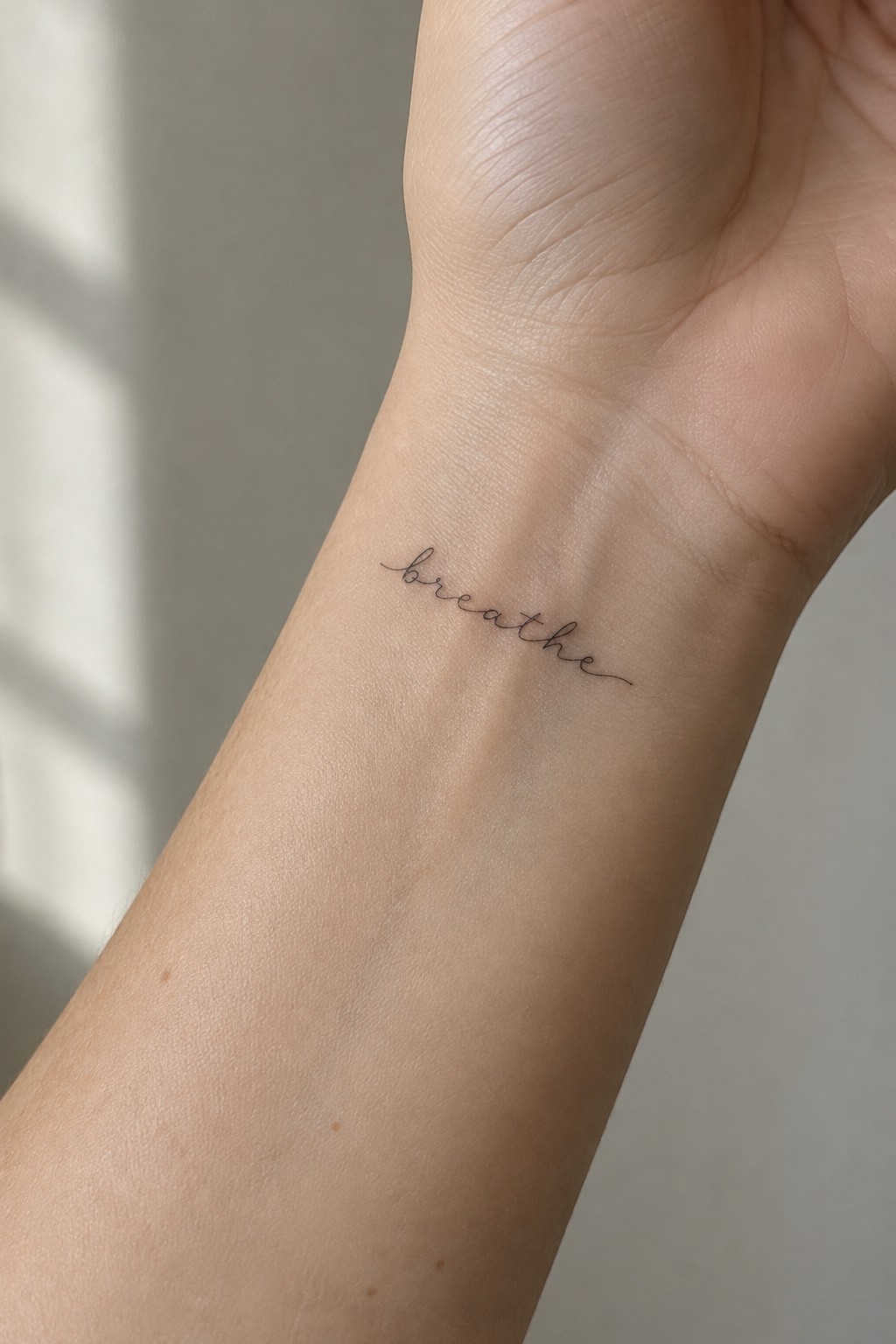Small fine-line cursive “breathe” tattoo on the inner wrist.