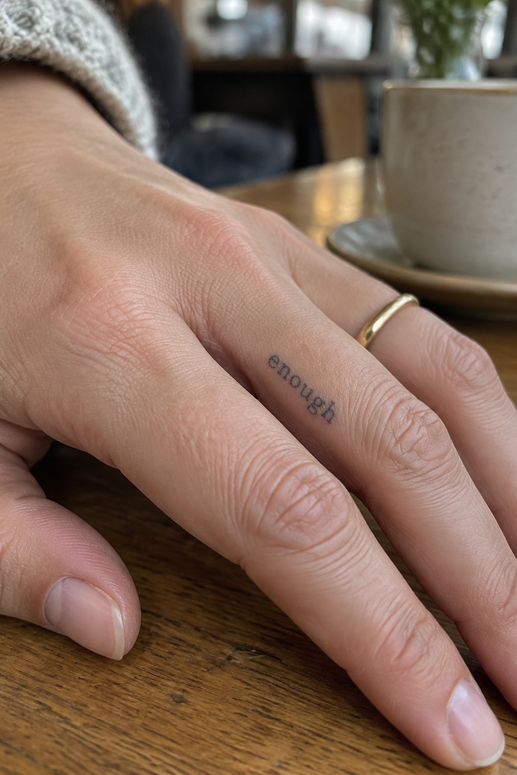 Fine-line “enough” tattoo on the side of a finger, beside a thin gold ring.