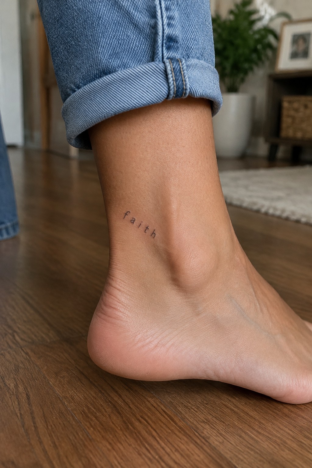 Small lowercase “faith” tattoo in fine black lettering on the outer ankle above the foot.