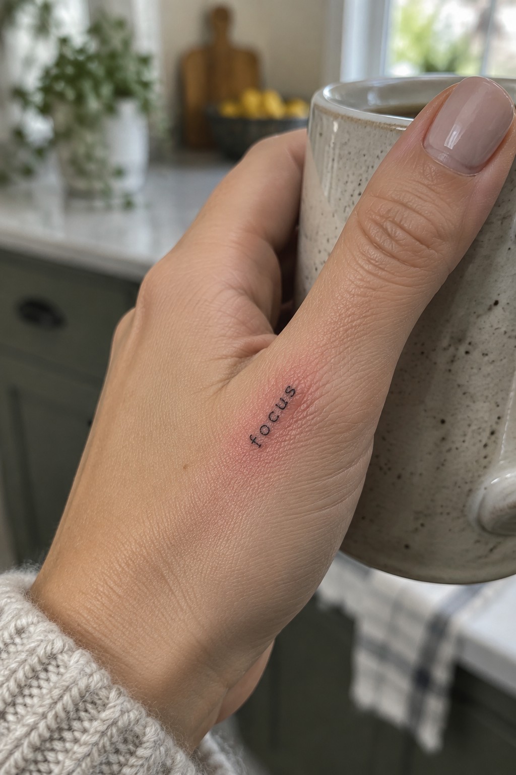 Small lowercase “focus” tattoo on the side of a hand near the base of the thumb, shown as the hand holds a speckled ceramic mug.