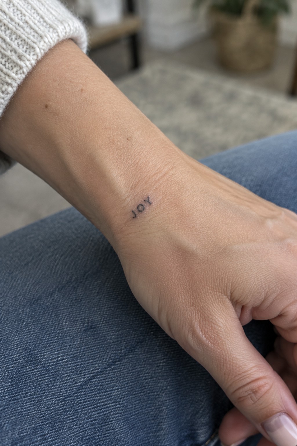 Tiny black “joy” word tattoo with a small sprig on the inner wrist.