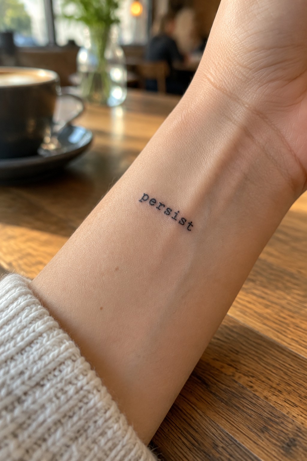 Small black typewriter-style “persist” tattoo on the inner forearm.