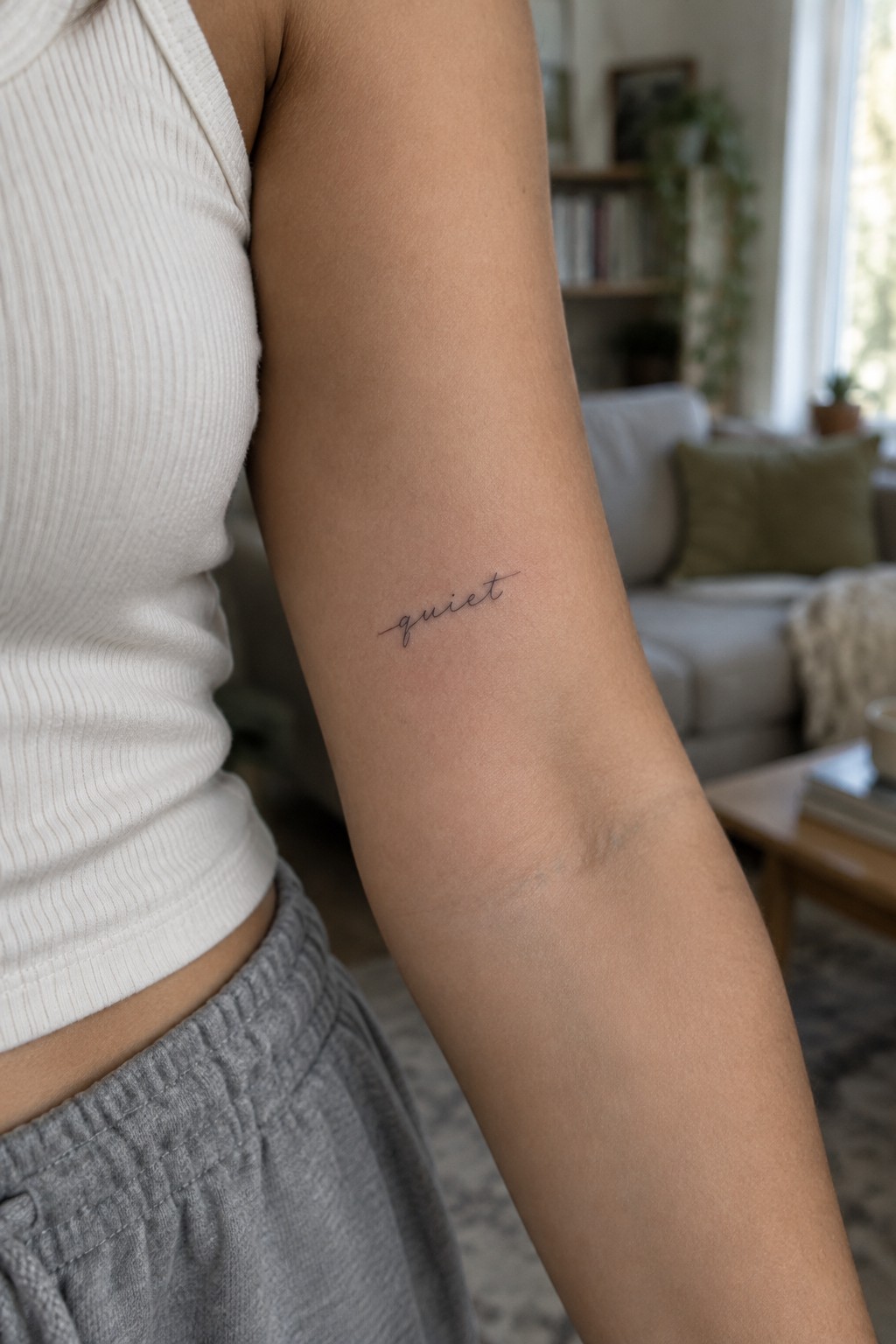 Small fine-line script tattoo reading “quiet” on the inner arm.