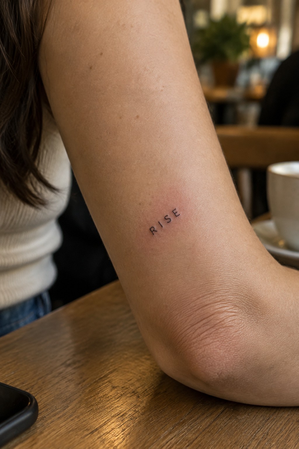 Small black “rise” word tattoo in spaced lettering on the inner arm.
